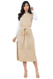 Women's Sleeveless Fashion Sweater Dress with Belted Waist