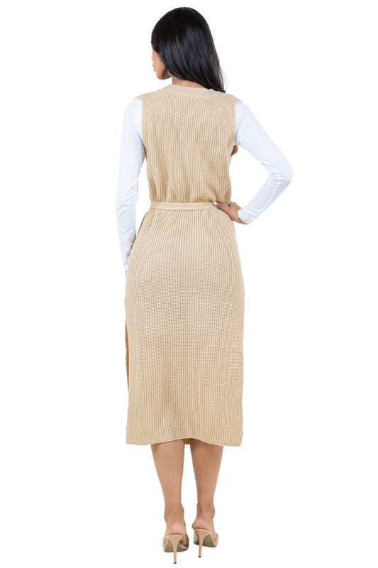 Women's Sleeveless Fashion Sweater Dress with Belted Waist