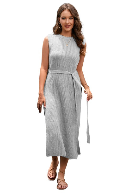 Women's Sleeveless Fashion Sweater Dress with Belted Waist