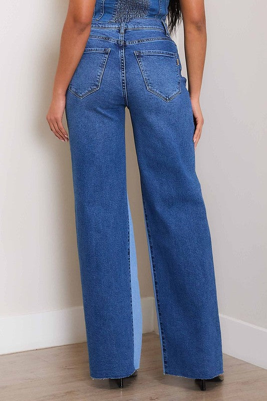 Women's High-Rise Color Block Wide Jeans