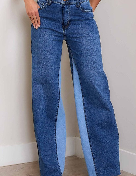 Women's High-Rise Color Block Wide Jeans