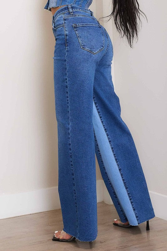 Women's High-Rise Color Block Wide Jeans