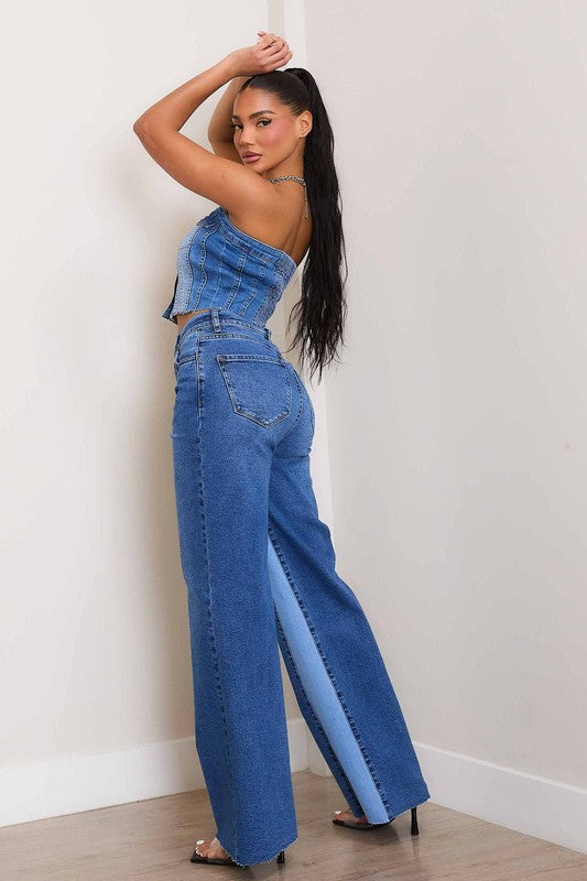 Women's High-Rise Color Block Wide Jeans