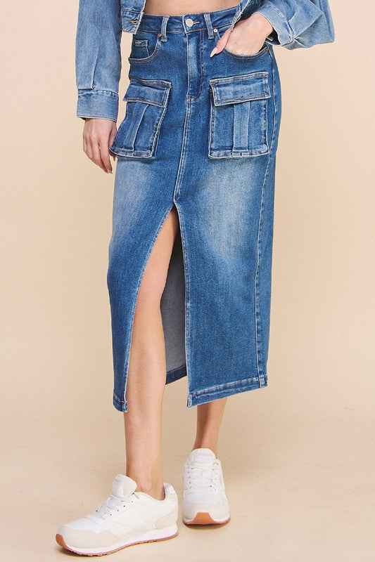 Women's Casual Front Slit Cargo Denim Skirt