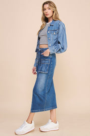 Women's Casual Front Slit Cargo Denim Skirt