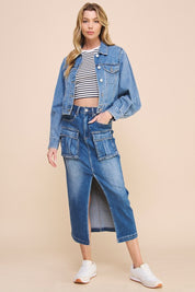 Women's Casual Front Slit Cargo Denim Skirt