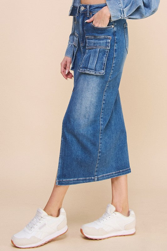 Women's Casual Front Slit Cargo Denim Skirt