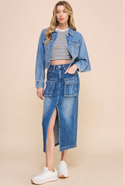 Women's Casual Front Slit Cargo Denim Skirt