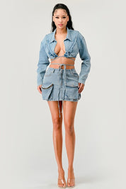 Women's Cropped Denim Jacket with Tie-Front Detail