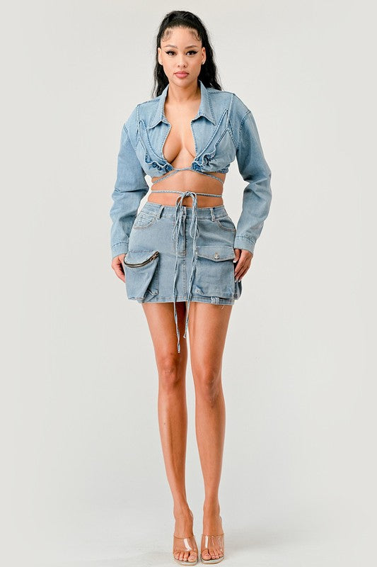 Women's Cropped Denim Jacket with Tie-Front Detail