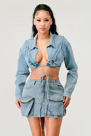 Women's Cropped Denim Jacket with Tie-Front Detail