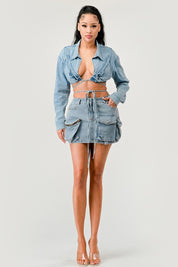 Women's Cropped Denim Jacket with Tie-Front Detail