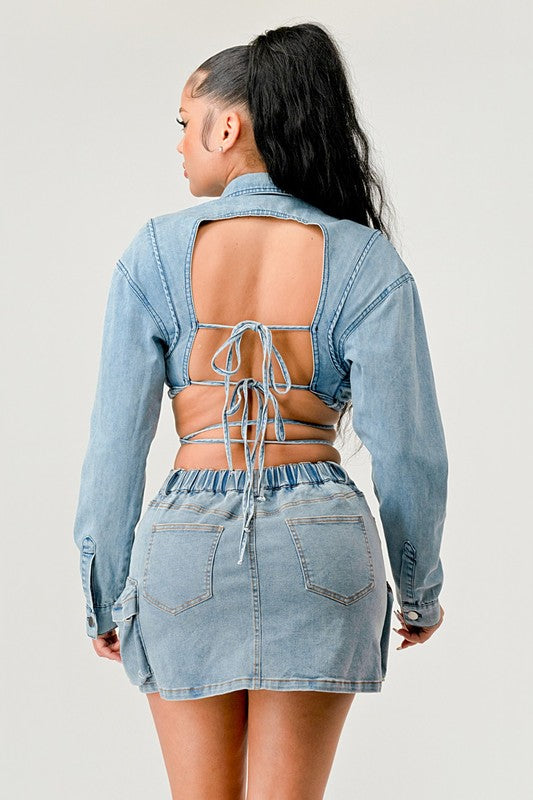 Women's Cropped Denim Jacket with Tie-Front Detail