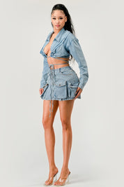 Women's Cropped Denim Jacket with Tie-Front Detail