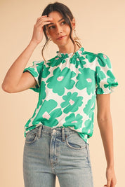 Women's Green Floral Puff Sleeve Frill Neckline Blouse