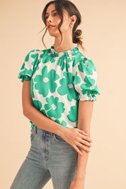 Women's Green Floral Puff Sleeve Frill Neckline Blouse