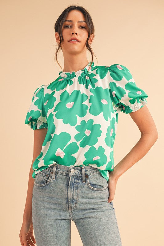 Women's Green Floral Puff Sleeve Frill Neckline Blouse