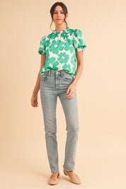 Women's Green Floral Puff Sleeve Frill Neckline Blouse