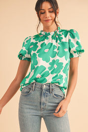 Women's Green Floral Puff Sleeve Frill Neckline Blouse