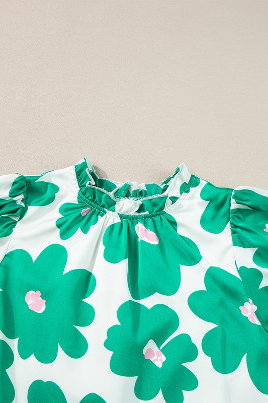 Women's Green Floral Puff Sleeve Frill Neckline Blouse