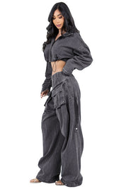 Women's Oversized Denim Jacket and Wide Leg Pant Set