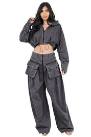 Women's Oversized Denim Jacket and Wide Leg Pant Set