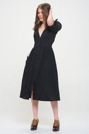 Women's Textured V-Neck Button Down Midi Dress with Puff Sleeves