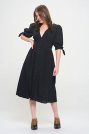 Women's Textured V-Neck Button Down Midi Dress with Puff Sleeves