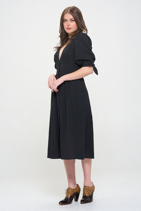 Women's Textured V-Neck Button Down Midi Dress with Puff Sleeves