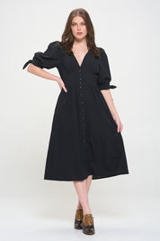 Women's Textured V-Neck Button Down Midi Dress with Puff Sleeves