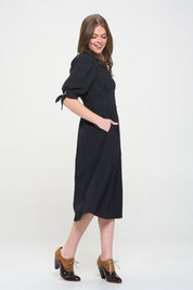 Women's Textured V-Neck Button Down Midi Dress with Puff Sleeves