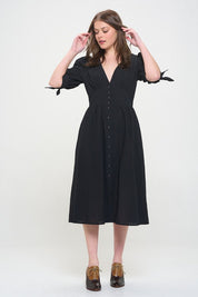 Women's Textured V-Neck Button Down Midi Dress with Puff Sleeves