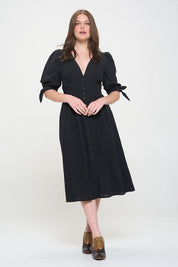 Women's Textured V-Neck Button Down Midi Dress with Puff Sleeves