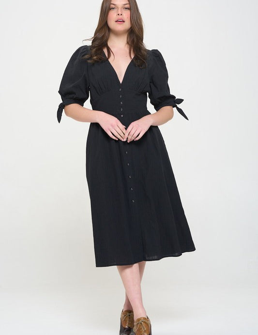 Women's Textured V-Neck Button Down Midi Dress with Puff Sleeves