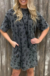 Women's Short Sleeve Leopard Print T-Shirt Dress with Pockets