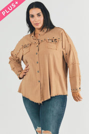 Plus Size Oversized Distressed Hem Button-Down Shirt