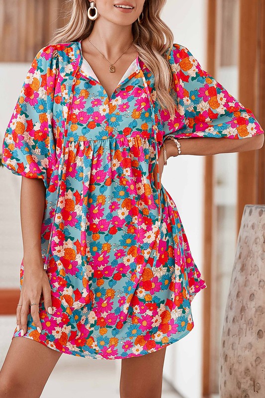 Women's Boho Floral Lantern Sleeve Babydoll Dress