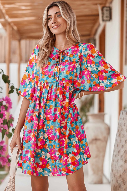 Women's Boho Floral Lantern Sleeve Babydoll Dress