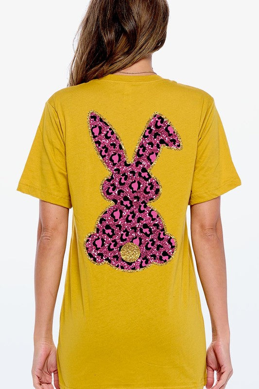 Unisex Casual Pink Leopard Easter Bunny Graphic Tee