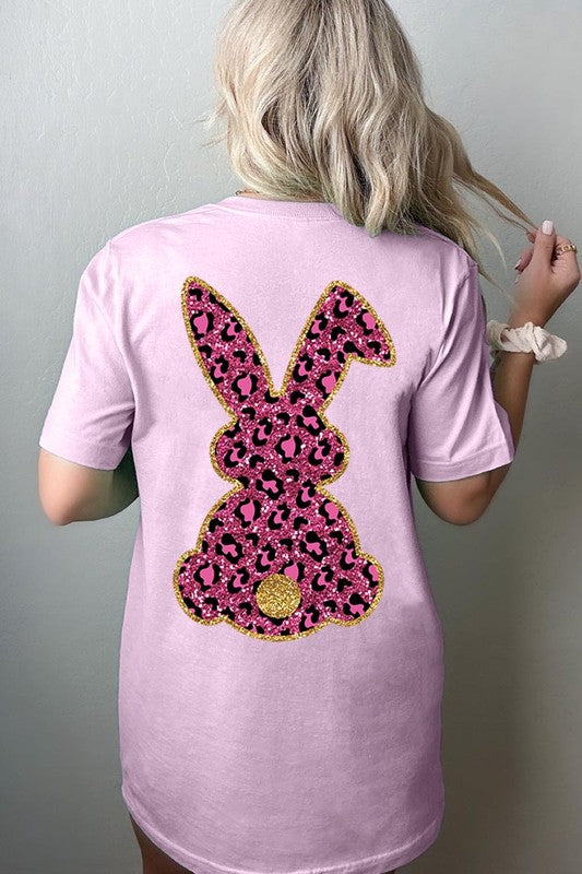 Unisex Casual Pink Leopard Easter Bunny Graphic Tee