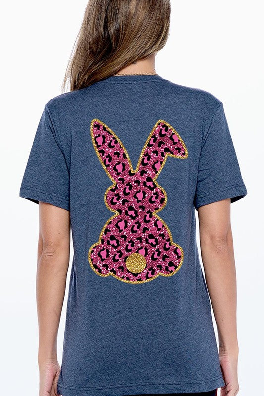 Unisex Casual Pink Leopard Easter Bunny Graphic Tee
