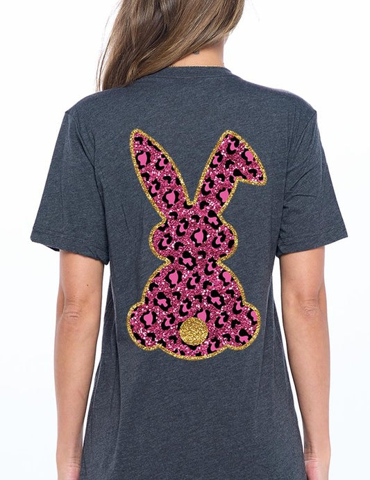 Unisex Casual Pink Leopard Easter Bunny Graphic Tee
