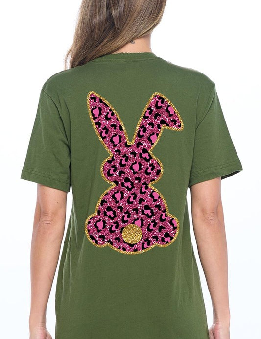 Unisex Casual Pink Leopard Easter Bunny Graphic Tee