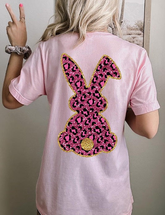 Unisex Casual Pink Leopard Easter Bunny Graphic Tee
