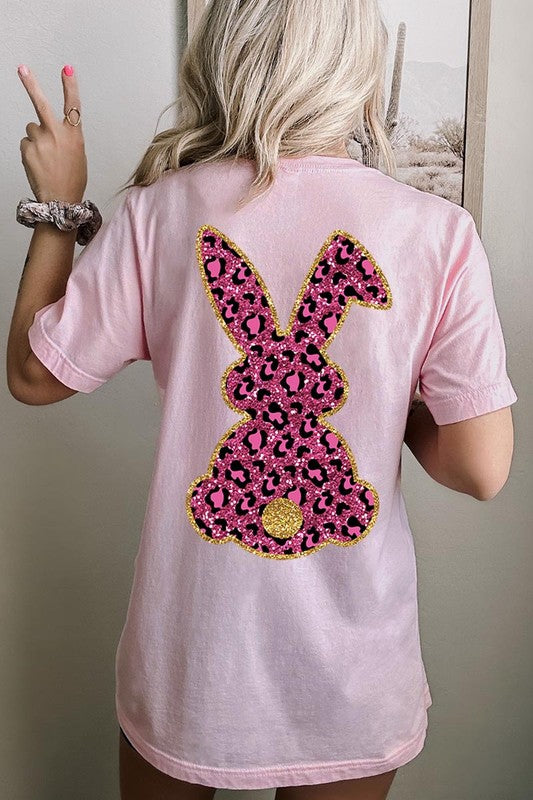 Unisex Casual Pink Leopard Easter Bunny Graphic Tee
