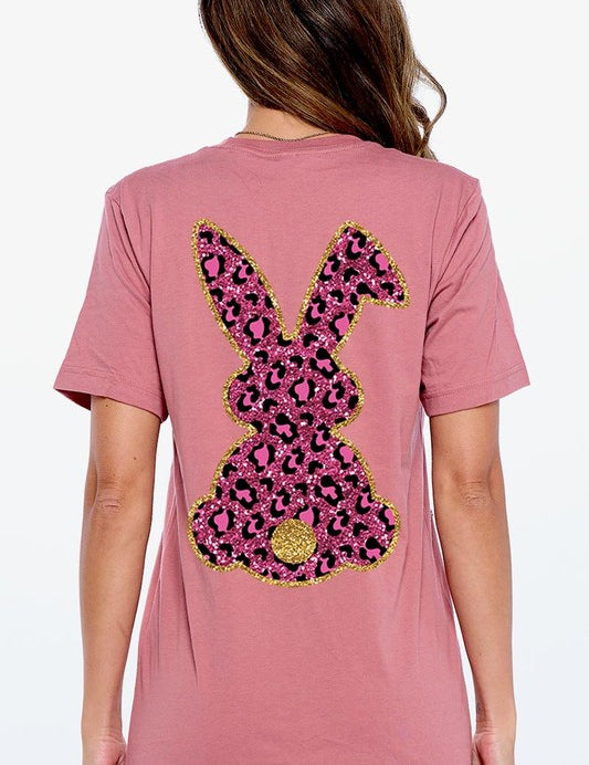Unisex Casual Pink Leopard Easter Bunny Graphic Tee