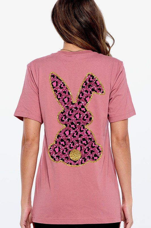 Unisex Casual Pink Leopard Easter Bunny Graphic Tee