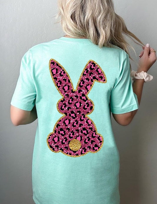 Unisex Casual Pink Leopard Easter Bunny Graphic Tee
