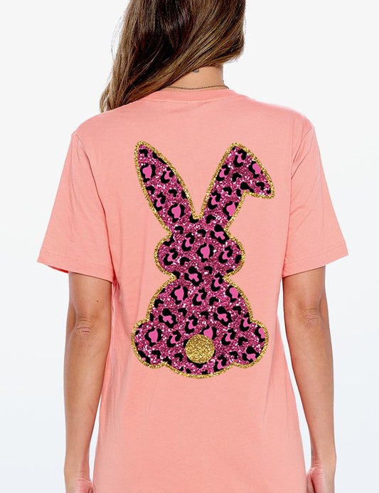 Unisex Casual Pink Leopard Easter Bunny Graphic Tee
