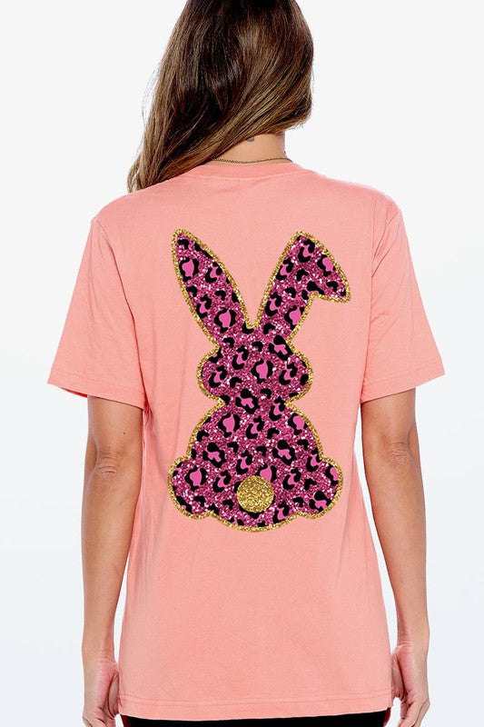 Unisex Casual Pink Leopard Easter Bunny Graphic Tee
